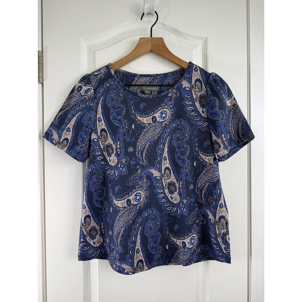 Anthropologie Blue Paisley Metallic Knit Top Women’s Small Short Sleeve Boho